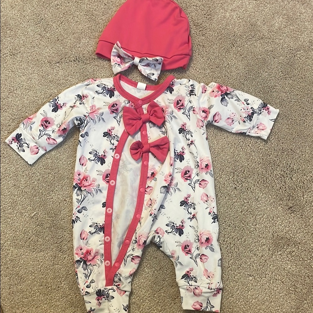 Floral Pink Baby One Piece with Hat